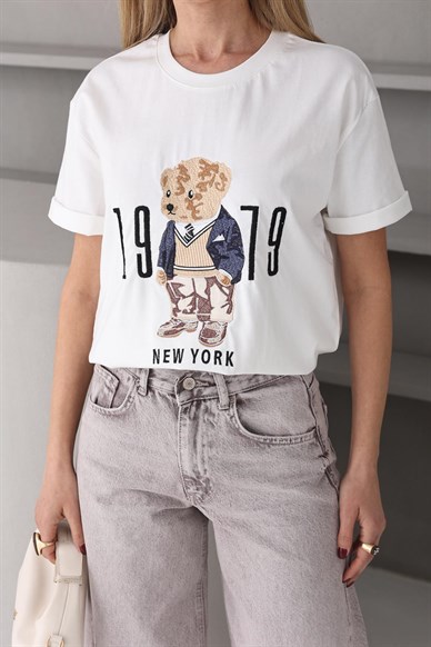 Teddy Nakışlı Ekru Tshirt