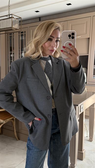 Tek Düğme Kapak Cepli Gri Blazer Ceket