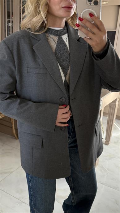 Tek Düğme Kapak Cepli Gri Blazer Ceket