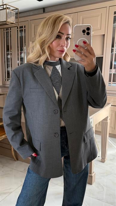 Tek Düğme Kapak Cepli Gri Blazer Ceket