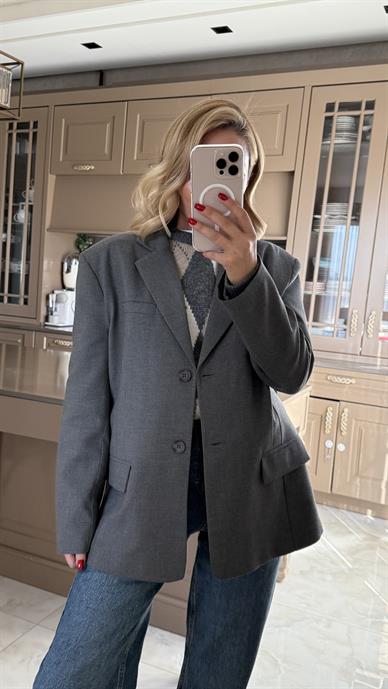 Tek Düğme Kapak Cepli Gri Blazer Ceket