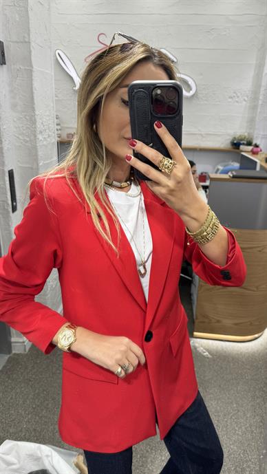 Tek Düğme Kapak Cepli Kırmızı Blazer Ceket