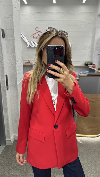 Tek Düğme Kapak Cepli Kırmızı Blazer Ceket