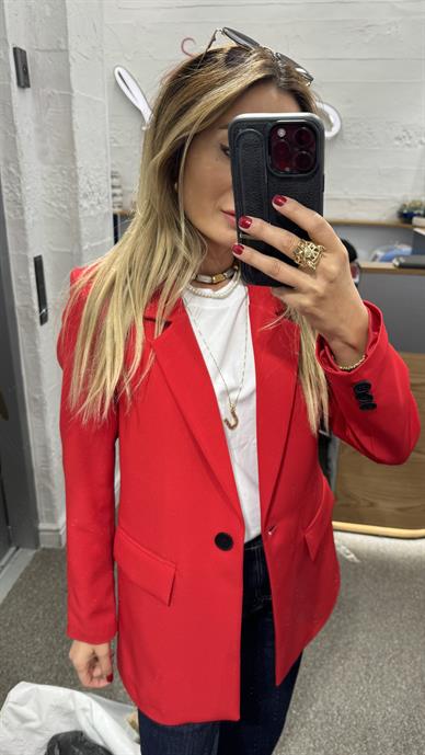 Tek Düğme Kapak Cepli Kırmızı Blazer Ceket