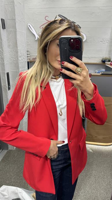 Tek Düğme Kapak Cepli Kırmızı Blazer Ceket