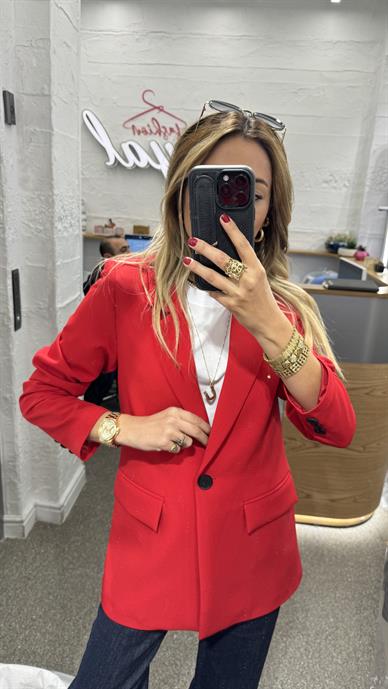 Tek Düğme Kapak Cepli Kırmızı Blazer Ceket