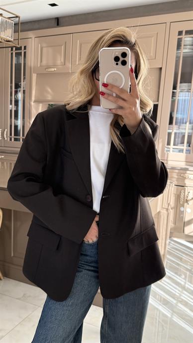Tek Düğme Kapak Cepli Koyu Kahve Blazer Ceket