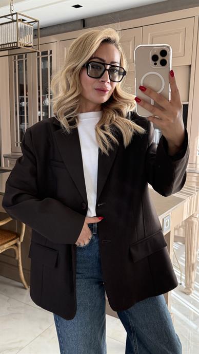Tek Düğme Kapak Cepli Koyu Kahve Blazer Ceket
