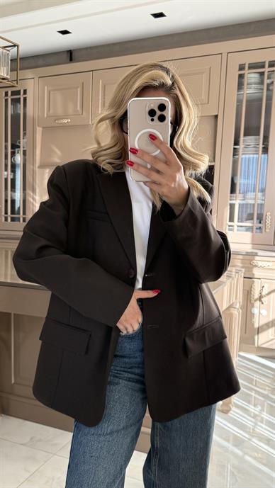 Tek Düğme Kapak Cepli Koyu Kahve Blazer Ceket