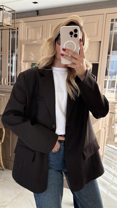 Tek Düğme Kapak Cepli Koyu Kahve Blazer Ceket