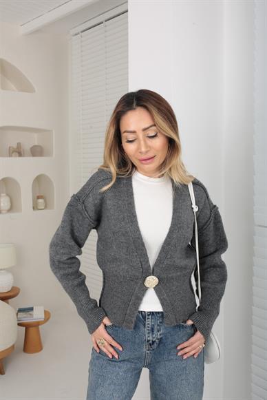 Tek Gold Düğmeli Füme Hırka