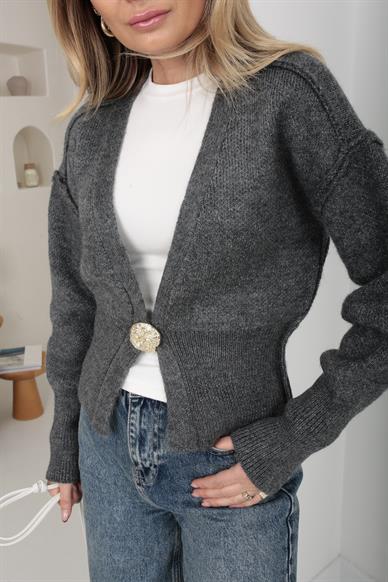 Tek Gold Düğmeli Füme Hırka