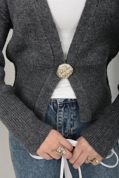 Tek Gold Düğmeli Füme Hırka