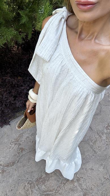 Tek Omuz Bağlı Naturel Kraşlı Elbise