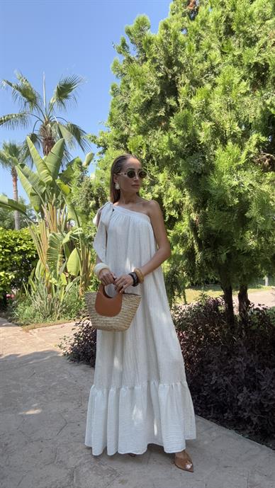 Tek Omuz Bağlı Naturel Kraşlı Elbise