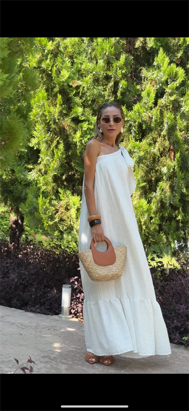 Tek Omuz Bağlı Naturel Kraşlı Elbise