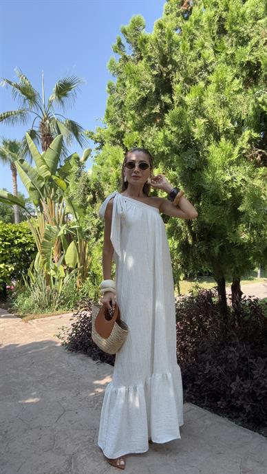 Tek Omuz Bağlı Naturel Kraşlı Elbise