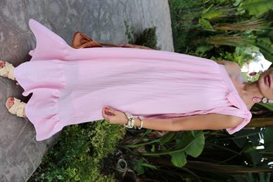 Tek Omuz Bağlı Pembe Kraşlı Elbise