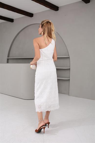 Tek Omuz Drapeli Güpür Elbise