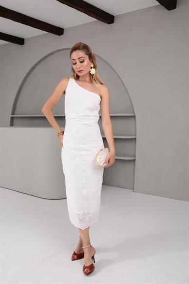 Tek Omuz Drapeli Güpür Elbise