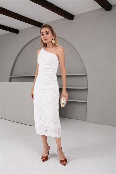 Tek Omuz Drapeli Güpür Elbise