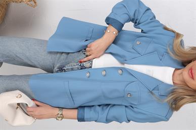 Tensel Kumaş Apoletli Mavi Blazer Ceket