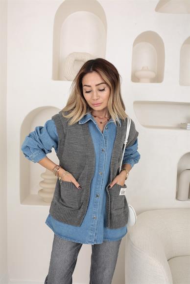 Triko Detay Çıtçıtlı Denim Gömlek