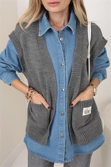 Triko Detay Çıtçıtlı Denim Gömlek