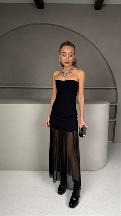 Tül Etek Detay Straplez Elbise