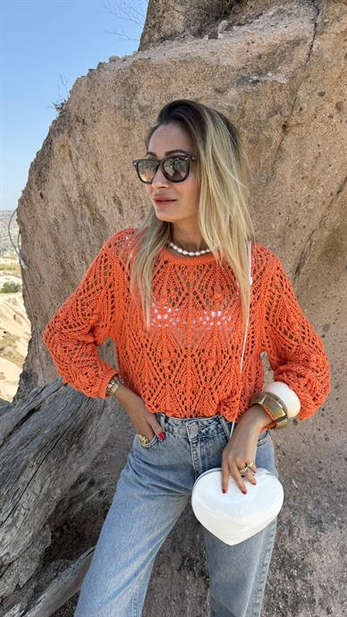 Turuncu Ajurlu Triko Kazak