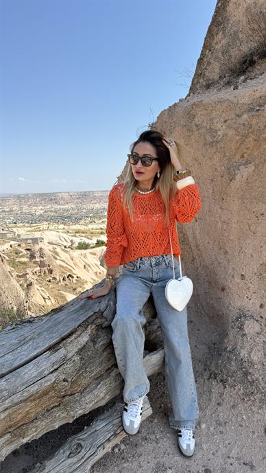 Turuncu Ajurlu Triko Kazak