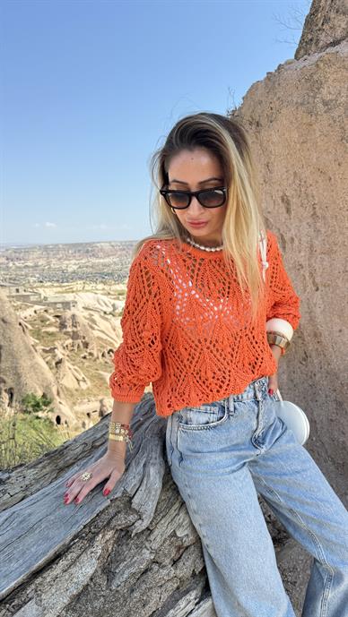 Turuncu Ajurlu Triko Kazak