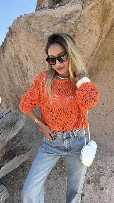 Turuncu Ajurlu Triko Kazak