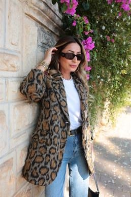 Tüylü Leopar Desen Blazer Ceket