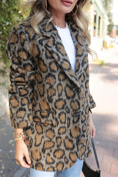 Tüylü Leopar Desen Blazer Ceket