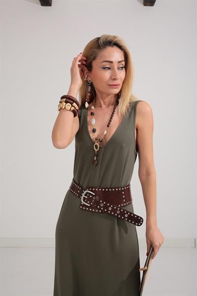 V Yaka Askılı Haki Elbise