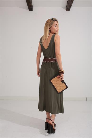 V Yaka Askılı Haki Elbise