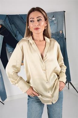 V Yaka Bal Rengi Saten Gömlek