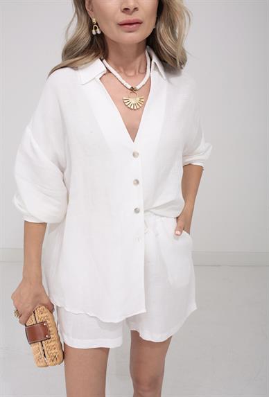 V Yaka Beyaz Keten Şort Gömlek Takım