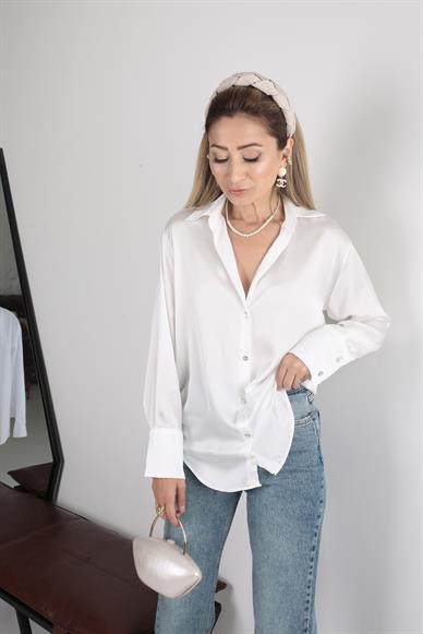 V Yaka Beyaz Saten Gömlek