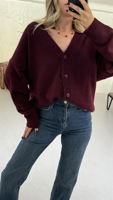 V Yaka Biyeli Bordo Hırka