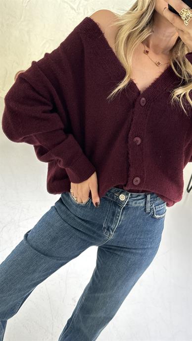 V Yaka Biyeli Bordo Hırka