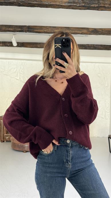 V Yaka Biyeli Bordo Hırka