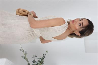 V Yaka Düğüm Detay Naturel Keten Elbise