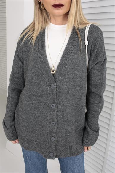 V Yaka Füme Düz Hırka