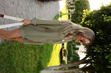 V Yaka Haki Keten Şort Gömlek Takım