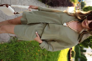 V Yaka Haki Keten Şort Gömlek Takım