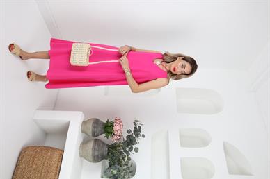 V Yaka Kalın Askı Fuşya Uzun Elbise