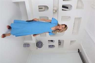 V Yaka Karpuz Kol Mavi Elbise