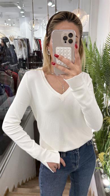 V Yaka Kolu Yırtmaçlı Dilvin Ekru Kazak